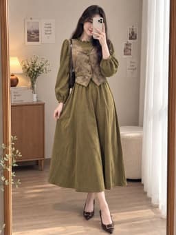 [2hand] Đầm nhung tăm xanh rêu loang kiểu khoác có dây thắt eo freesize váy thu đông 1