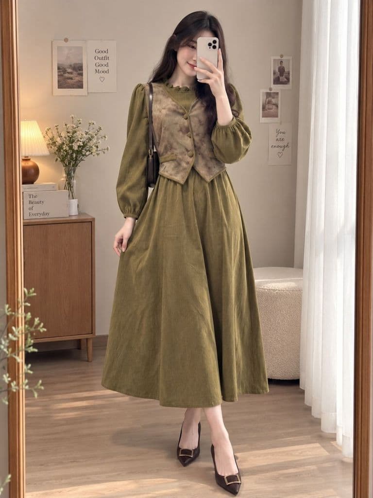 [2hand] Đầm nhung tăm xanh rêu loang kiểu khoác có dây thắt eo freesize váy thu đông