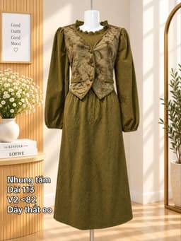 [2hand] Đầm nhung tăm xanh rêu loang kiểu khoác có dây thắt eo freesize váy thu đông 2