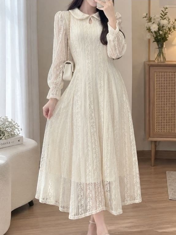 [2hand] Váy ren trắng chỉ kim tuyến cổ khoét giọt lệ freesize đầm thu đông