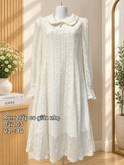 [2hand] Váy ren trắng chỉ kim tuyến cổ khoét giọt lệ freesize đầm thu đông 2