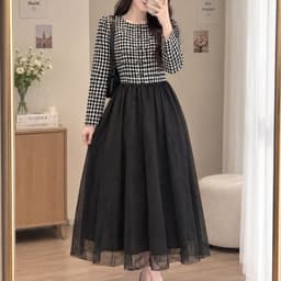 [2hand] Đầm thu đông áo nỉ thun kẻ phối váy voan lưới đen 3 lớp freesize 1