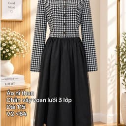 [2hand] Đầm thu đông áo nỉ thun kẻ phối váy voan lưới đen 3 lớp freesize 2