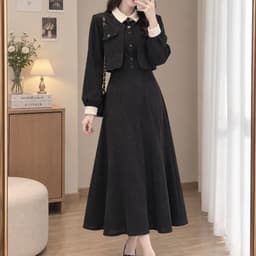 [2hand] Đầm nhung tăm đen phối cổ tay áo be freesize 1