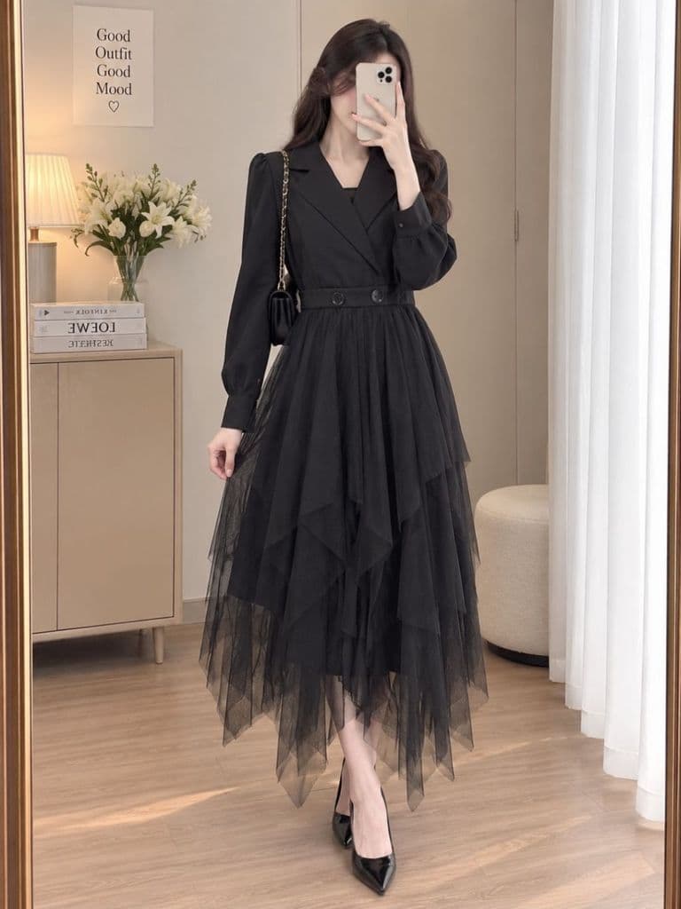 [2hand] Đầm thu đông kiểu vest phối sơ mi liền váy voan 3 lớp size S