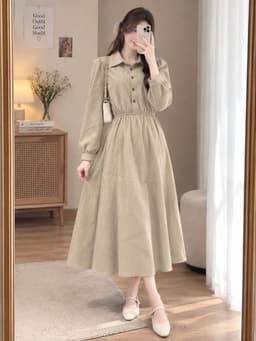 [2hand] Đầm thu đông dáng sơ mi basic nỉ nhung chun eo xoè freesize 1