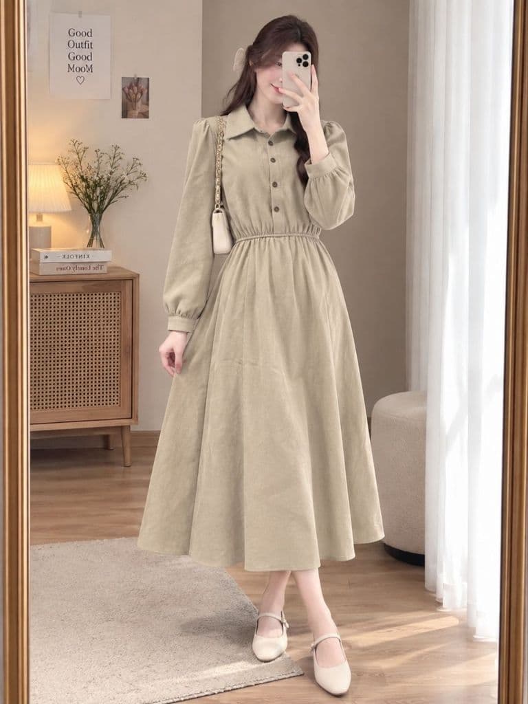 [2hand] Đầm thu đông dáng sơ mi basic nỉ nhung chun eo xoè freesize