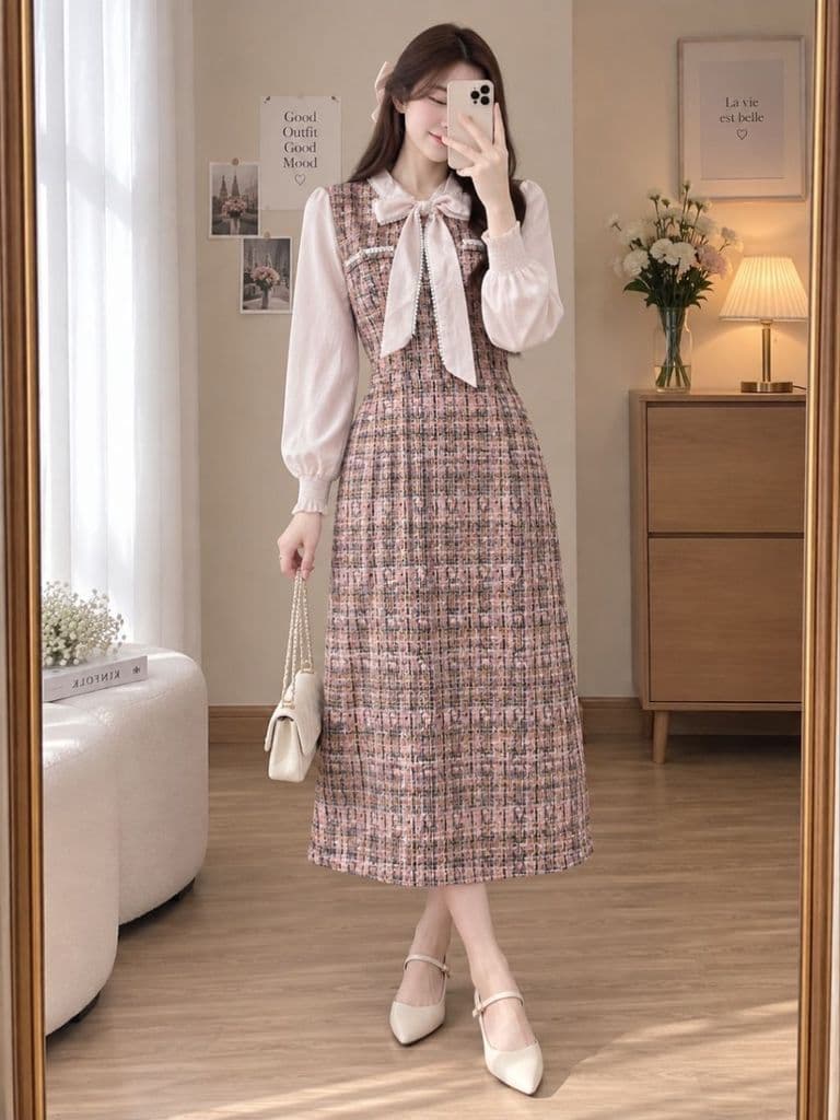 [2hand] Đầm thu đông hồng hoạ tiết thắt nơ cổ tiểu thư freesize
