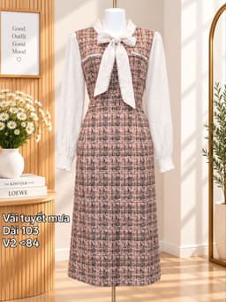 [2hand] Đầm thu đông hồng hoạ tiết thắt nơ cổ tiểu thư freesize 2
