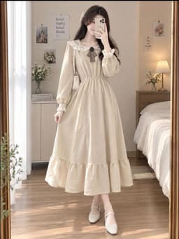 [2hand] Đầm nỉ nhung hồng cam eo chun cổ bèo phối ren tiểu thư váy xoè thu đông 1