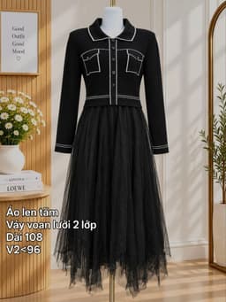 [2hand] Đầm len tăm phối chân váy voan lưới 2 lớp freesize 2