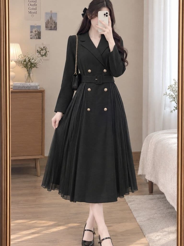 [2hand] Đầm vest măng tô dáng xoè cúc đồng kèm đai size S M mặc như váy hay khoác đều đẹp