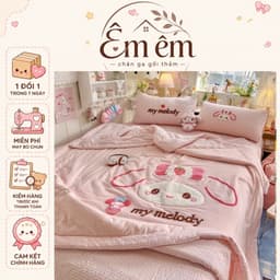 Bộ ga gối chăn trần bông 4 món,thêu nổi hoạ tiết xinh xắn,vải đũi hàn mát mềm mịn 1