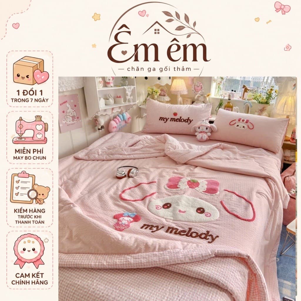 Bộ ga gối chăn trần bông 4 món,thêu nổi hoạ tiết xinh xắn,vải đũi hàn mát mềm mịn