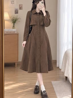 [2hand] Đầm nhung tăm nâu tây dáng khoác phối sơ mi freesize 1