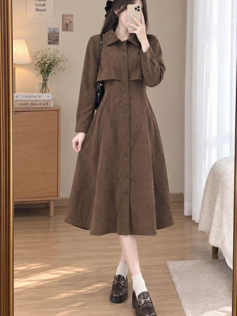 [2hand] Đầm nhung tăm nâu tây dáng khoác phối sơ mi freesize