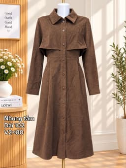 [2hand] Đầm nhung tăm nâu tây dáng khoác phối sơ mi freesize 2