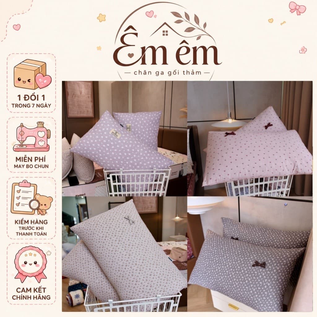 Vỏ gối Đũi Linen mát mịn hoạ tiết hoa nhí xinh xắn,kích cỡ 48x72