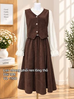 [2hand] Đầm nhung phối ren lông thỏ dáng khoác nâu tây freesize 2