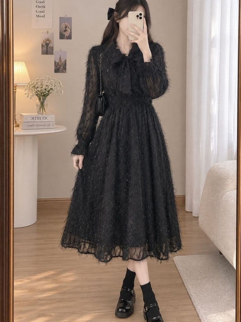 [2hand] Váy voan lông kim tuyến bling size M nơ cổ tiểu thư đầm thu đông