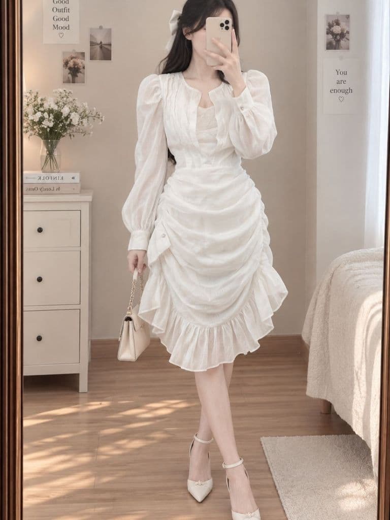 [2hand] Đầm tiệc voan tơ trắng size S tặng kèm 2 dây tơ