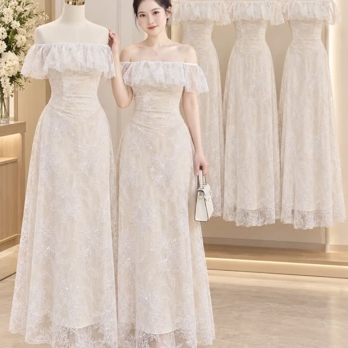 ĐẦM REN BẸT VAI KEM BÈO Xukadress, váy ren dáng dài