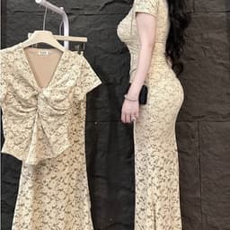 Xukadress_Set váy ren nâu nhạt, set bộ váy đi tiệc sang xịn xò 2