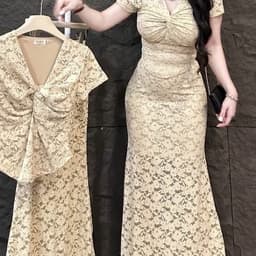 Xukadress_Set váy ren nâu nhạt, set bộ váy đi tiệc sang xịn xò 1
