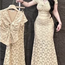 Xukadress_Set váy ren nâu nhạt, set bộ váy đi tiệc sang xịn xò 5