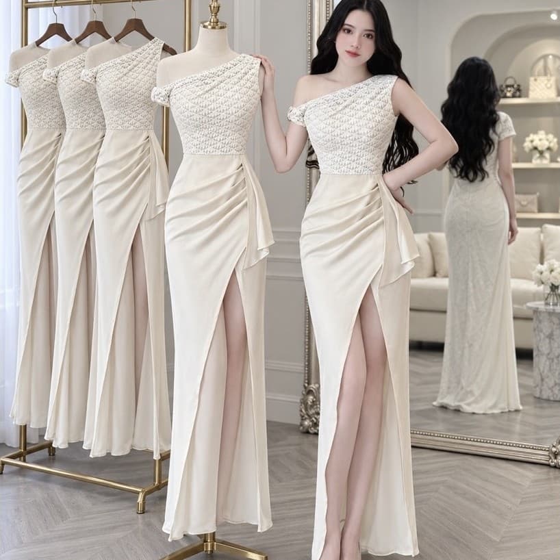 Xukadress - Váy ren kem zẻ tà – đầm đi tiệc sang chảnh –tôn dáng – ren mềm cao cấp, sang trọng  ✨