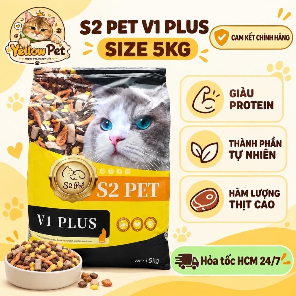 [ 5kg Chính Hãng ] Hạt Thức Ăn Cho Mèo S2Pet V1Plus Mix Topping Hỗ Trợ Tăng Cân, Mượt Lông, Giảm Mùi | Yellow Pet