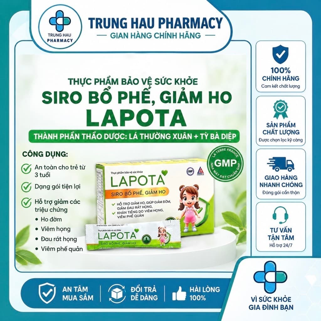 Siro ho bổ phế Lapota hộp 20 gói - Hỗ trợ giảm ho, giảm đờm, giảm đau rát họng, viêm họng, viêm phế quản