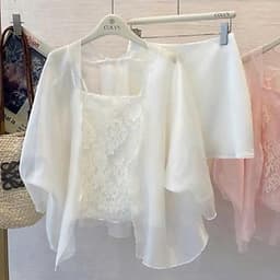 Sét vay Tiểu Thư Áo Ren Babydoll Phối Choàng Tay Lỡ Mềm Và Chân Váy Lụa Ngắn Dịu Dàng 8
