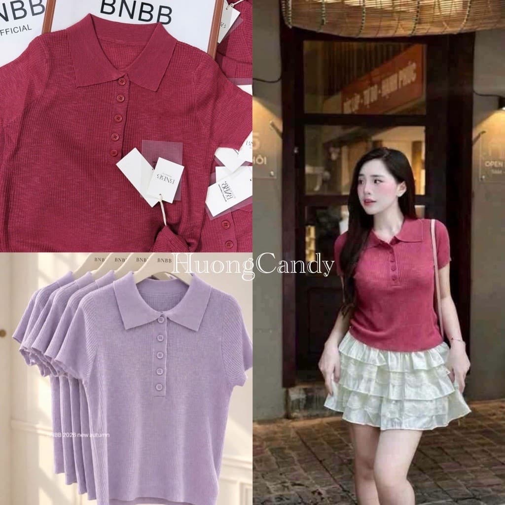 Áo len khuy trơn cổ Polo hai màu Hồng/Tím[Sẵn]