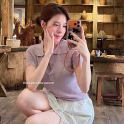 Áo len khuy trơn cổ Polo hai màu Hồng/Tím[Sẵn] 9