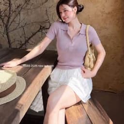 Áo len khuy trơn cổ Polo hai màu Hồng/Tím[Sẵn] 7