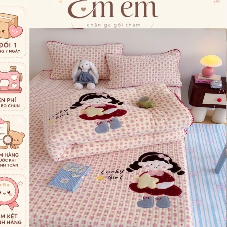 Bộ chăn ga gối 4 món Nỉ nhung mịn thêu hoạ tiết cute,mặt nhung ấm áp mềm mịn giữ nhiệt tốt êm êm shop