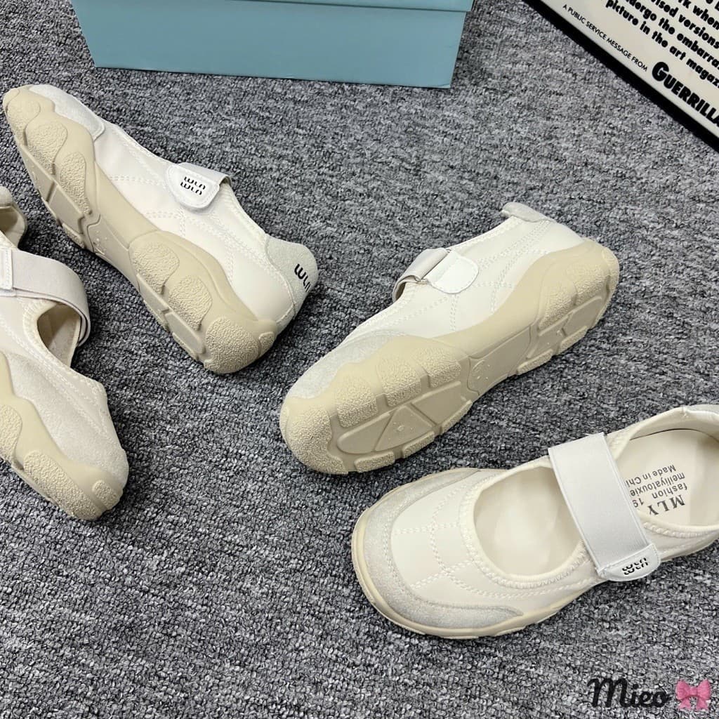 🎀 Giày bệt nữ màu kem thanh lịch, thiết kế quai dán bản to trẻ trung, đế chunky êm Fullbox #AK21
