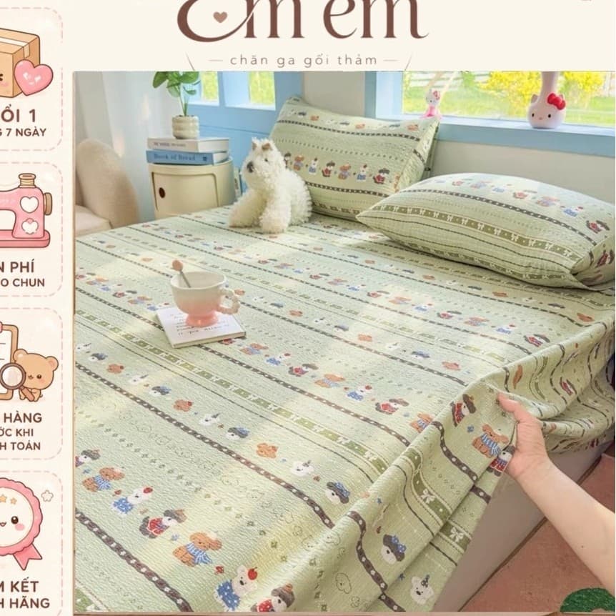 Bộ ga gối 3 món vải Đũi tơ tre mềm mát,dễ vệ sinh,nhiều hoạ tiết xinh xắn,ga bo chun theo yêu cầu