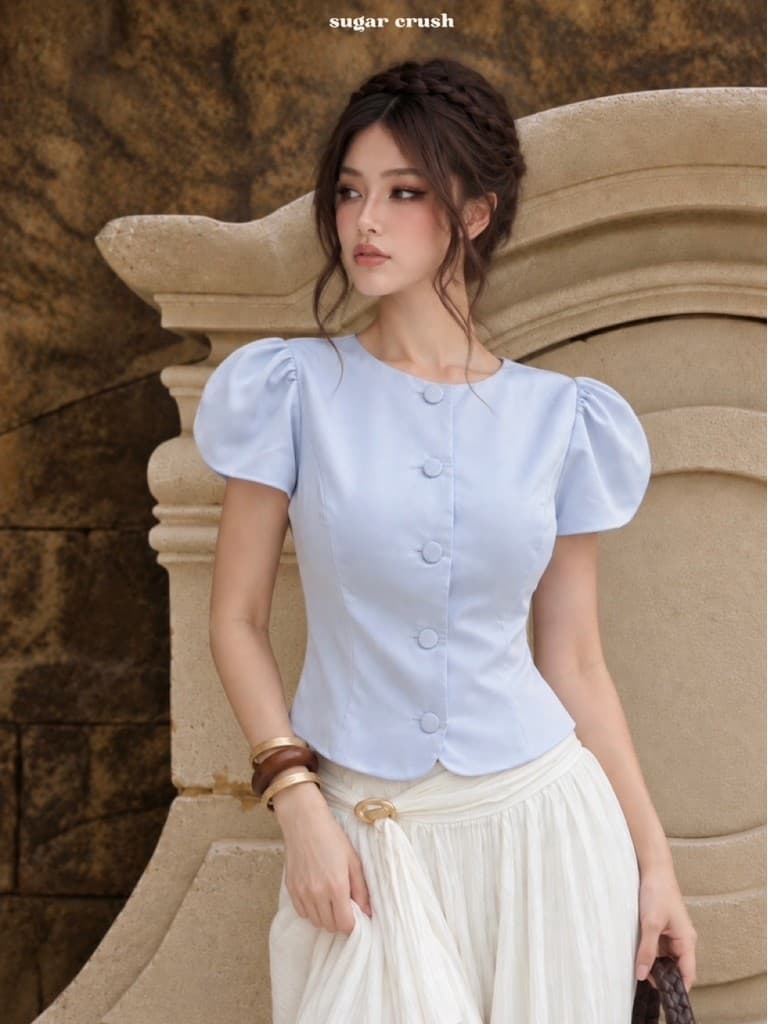 SUGAR CRUSH - Áo lụa nữ chiết eo tay phồng phối cúc bọc - Romy Top