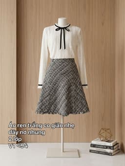 [2hand] Áo len ren trắng dây nhung nơ cổ size S M L 2
