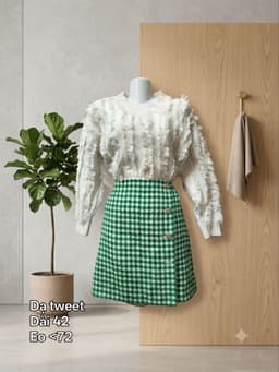 [2hand] Chân váy dạ tweet mềm kẻ xanh lá trắng size M 2