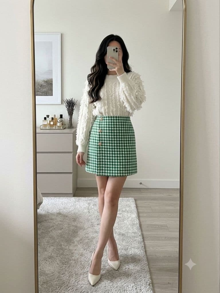 [2hand] Chân váy dạ tweet mềm kẻ xanh lá trắng size M