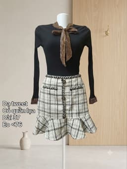 [2hand] Chân váy dạ tweet đuôi cá kẻ trắng đen size L 2