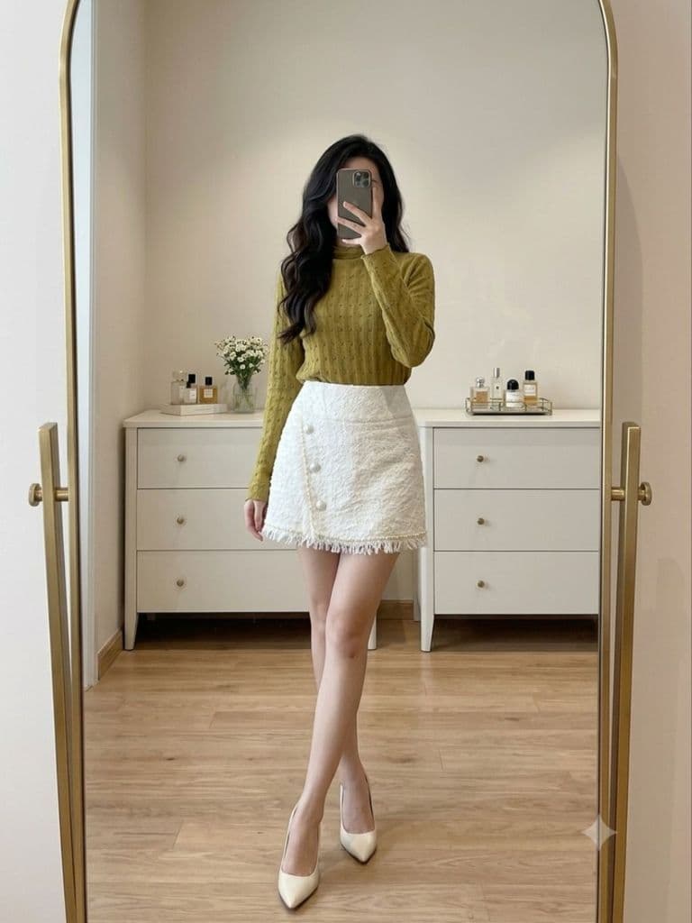 [2hand] Áo len ren màu cỏ úa freesize