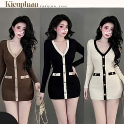 Đầm Tăm Len Gân Ôm Dáng Cổ V Phối Viền Nút Cài Tay Dài Dáng Ngắn Tôn Dáng Thanh Lịch Thu Đông Kieupham.shop 1