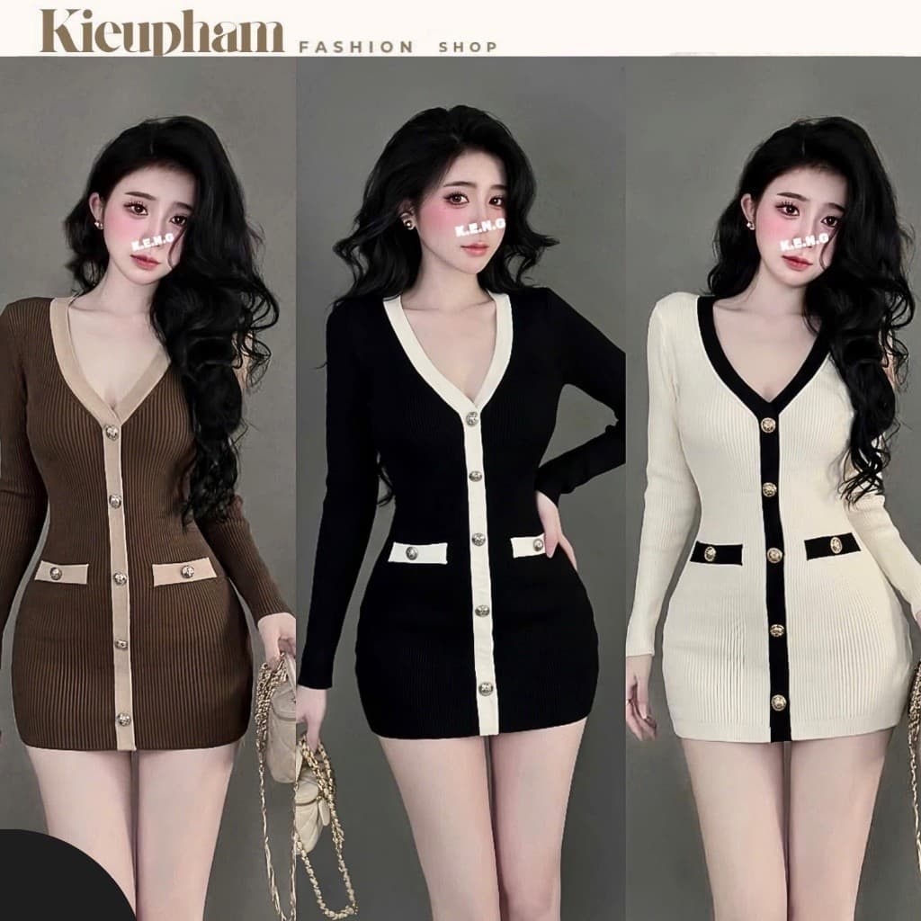 Đầm Tăm Len Gân Ôm Dáng Cổ V Phối Viền Nút Cài Tay Dài Dáng Ngắn Tôn Dáng Thanh Lịch Thu Đông Kieupham.shop