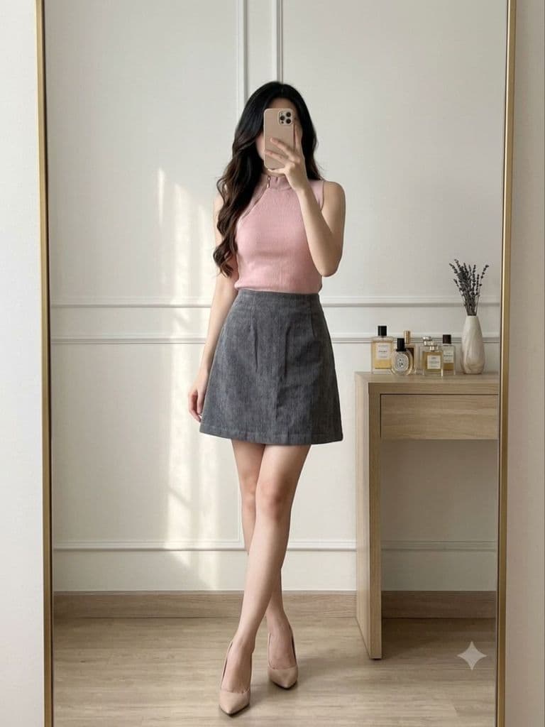 [2hand] Chân váy nhung tăm xám bling có quần trong size S