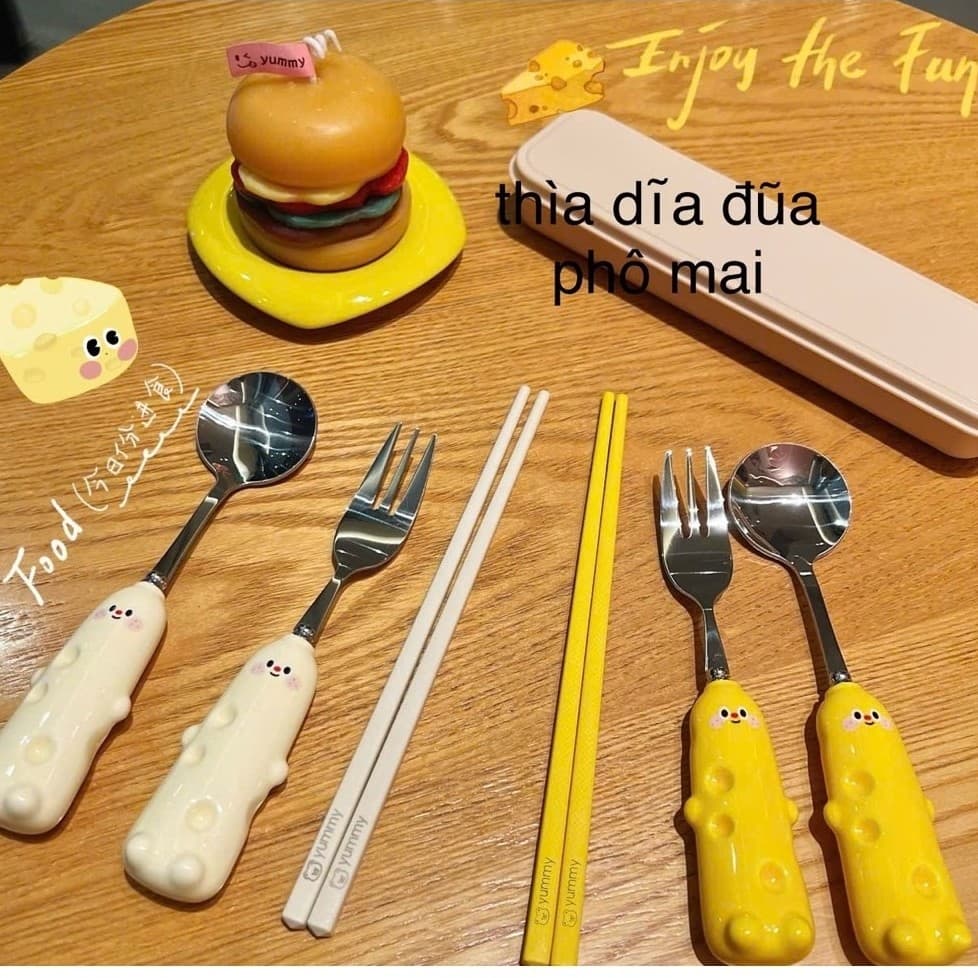 🧀 Bộ 3 thìa nĩa đũa hình phô mai siêu cute