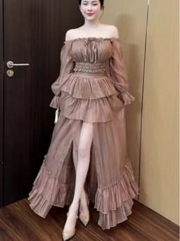 Set maxi đi biển áo trễ vai tơ nến kèm chân váy xẻ tà xoè chuẩn đẹp 2